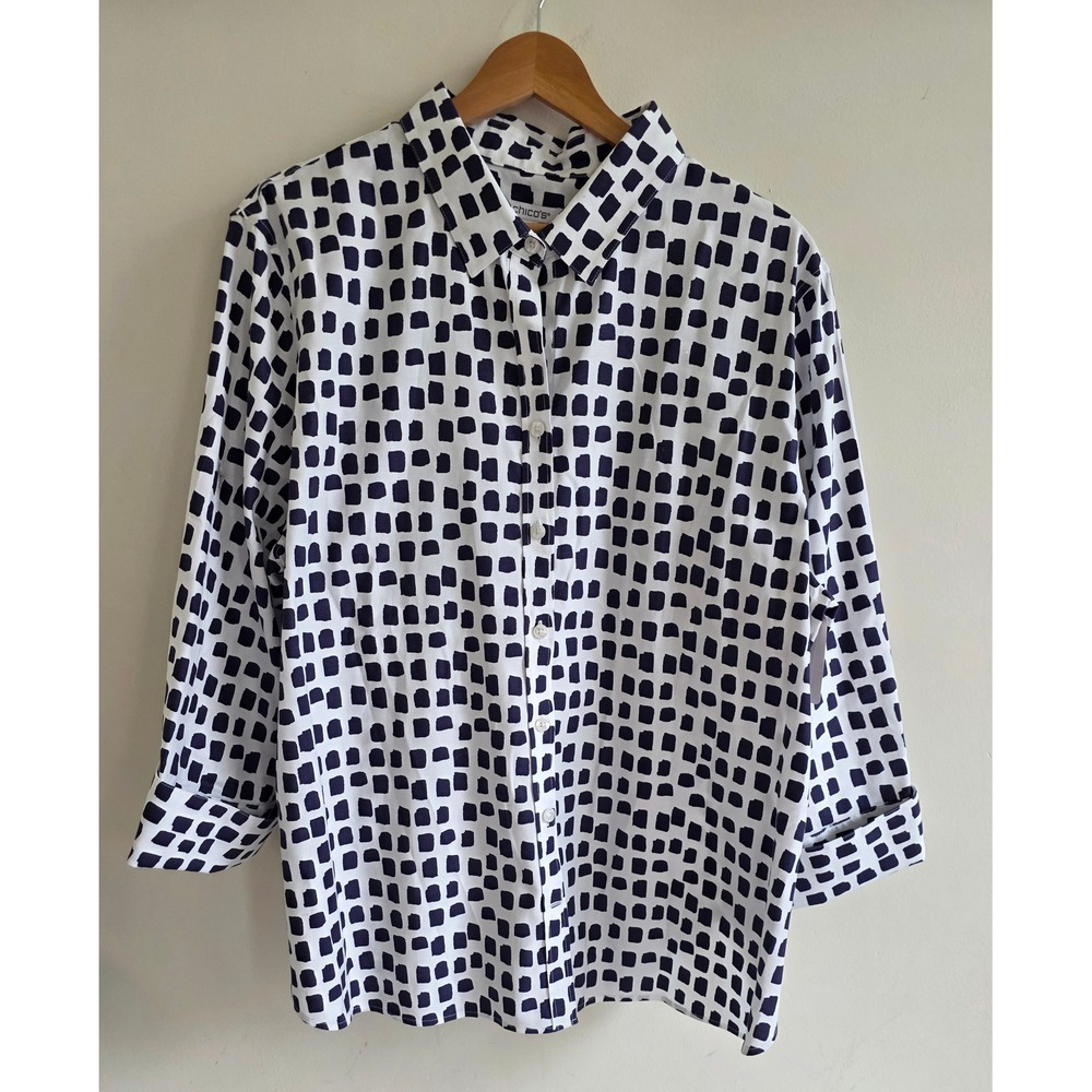 Chico's Navy White Geometric Block Print Button Up Shirt Size 3.5 / 18